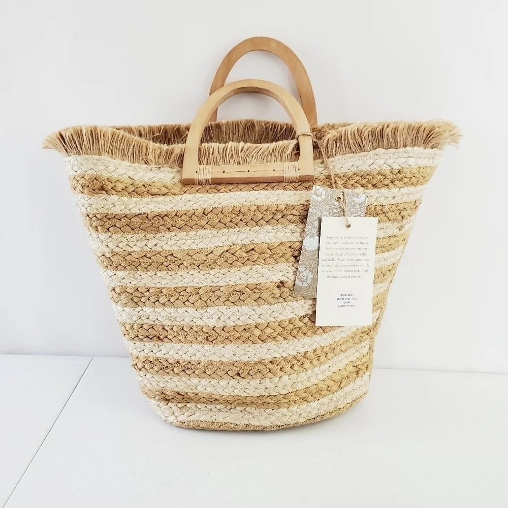 Antik Kraft Striped Jute Tote Ivory Large Beach Coastal Wood Handle Bag NEW - Picture 14 of 14